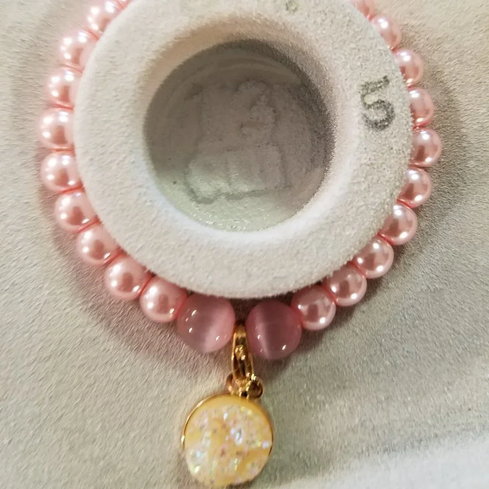 Hand Crafted Necklace & Bracelet Pink Pearl Crystals Cats Eye with Pendant